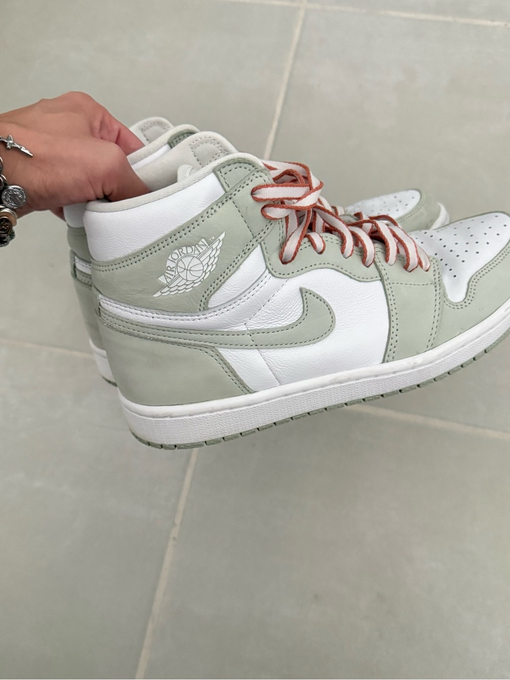Nike Women’s Mid-Top Sneakers in Seafoam Green, White & Rust Laces